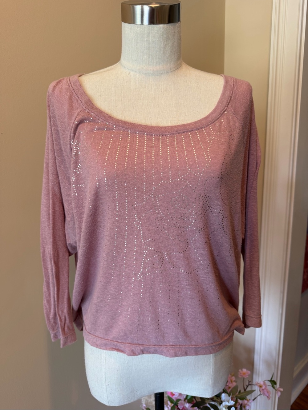 American Eagle Outfitters Dusty Rose Rhinestone Scoop-Neck Long Sleeve Top